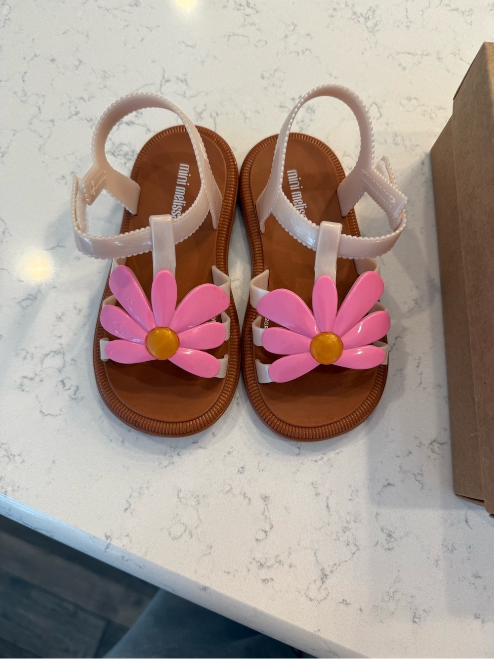 Mini Melissa Brown Sandals with Pink Flower Accent